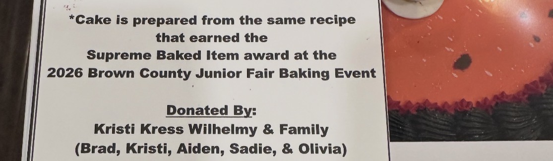 Display sign for the Supreme Baked Item award recipe at the 2026 Brown County Junior Fair Baking Event